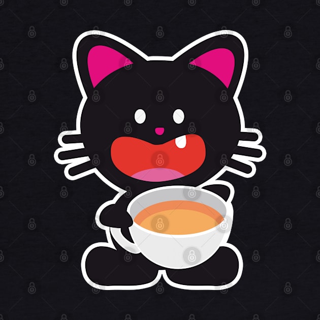 One Tooth Black Cat with Tea by HappyGiftArt